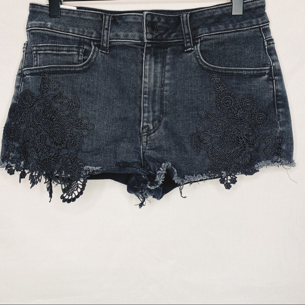 American Eagle Outfitters Dark Wash Denim High-Waist Shorts with Lace Appliqué